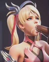 3d ai_generated alvoric blacked blonde_hair blue_eyes clothed cum_in_mouth mercy overwatch pink_mercy