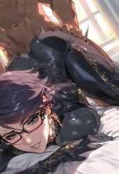 1boy 1girls ahe_gao ai_generated bayonetta bayonetta_(character) bayonetta_2 black_hair black_penis bukkake cheating cheating_wife cum cum_in_pussy dark-skinned_male earrings female glasses interracial male married_woman milf mole_under_mouth netorare panties_aside pussy sex short_hair tagme