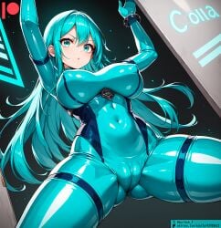 ai_generated bodysuit breasts female kuriboh_ex_(artist) latex latex_clothing latex_suit oppai rubber rubber_clothing rubber_suit skin_tight turquoise_eyes turquoise_hair