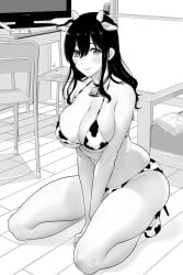 2.5_jigen_no_ririsa abe_marina bare_arms bare_belly bare_legs bare_shoulders bare_thighs belly_button black_and_white blush breasts chubby_female cleavage closed_mouth collarbone cow_bikini cow_ears hashimoto_yuu high_heels huge_breasts indoors long_hair manga neck_bell official_art on_knees smile thick_thighs thighs