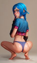 ai_generated arcane arcane_jinx ass ass_focus ass_shake blue_clothing blue_eyes blue_hair blue_panties blush cute_female exibitionism exposed_ass feet feet_fetish female gloves jinx_(league_of_legends) league_of_legends panties petite petite_body plump_ass powder_(arcane) shiny_skin shy sweat sweatdrop sweating sweaty teenage_girl teenager twerk twerking