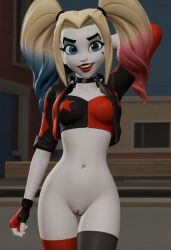 1girls ai_generated front_view harleen_quinzel harley_quinn looking_at_viewer multiversus one_hand_behind_head presenting_pussy pussy solo solo_focus standing