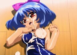 animated blue_hair breasts cum cum_on_body erogos facial female_only mahotama may_(mahotama) red_eyes saliva screencap swimsuit tan