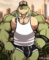 anthro balls bara barazoku bulge clothing darknaigart dinosaur flaccid jace_(darknaig) male male_only muscles muscular pantsless penis scalie solo solo_male tyrannosaurid tyrannosaurus tyrannosaurus_rex underwear