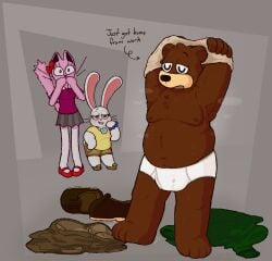 2025 anthro balls bear belly big_balls big_belly big_penis bite biting_lip biting_own_lip blush bodily_fluids bottomwear bow_ribbon briefs brown_body brown_fur bulge character_request chest_tuft clothed clothing colored detailed_bulge digital_drawing_(artwork) digital_media_(artwork) english_text erection felid feline female fluffy fluffy_tail footwear fur genital_outline genitals group hi_res humanoid_hands jacket lagomorph male mammal mary_janes moobs nipples nude overweight overweight_anthro overweight_male pants paws penis penis_outline pink_body pink_fur puffed_tail raised_arm self_bite shirt shoes shoes_removed shorts simple_background skirt steam steaming_body sweat tail text tighty_whities topwear trio tuft underwear undressing undressing_self vexedcalyx whiskers white_body white_briefs white_clothing white_fur white_underwear