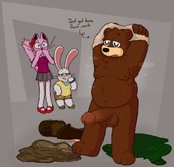 2025 anthro balls bear belly big_balls big_belly big_penis bite biting_lip biting_own_lip blush bodily_fluids bottomwear bow_ribbon brown_body brown_fur character_request chest_tuft clothed clothing colored digital_drawing_(artwork) digital_media_(artwork) english_text erection felid feline female fluffy fluffy_tail footwear fur genitals group hi_res humanoid_hands jacket lagomorph male mammal mary_janes moobs nipples nude overweight overweight_anthro overweight_male pants paws penis pink_body pink_fur puffed_tail raised_arm self_bite shirt shoes shoes_removed shorts simple_background skirt steam steaming_body sweat tail text topwear trio tuft undressing undressing_self vexedcalyx whiskers white_body white_fur
