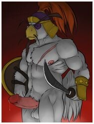 amwulf balls dripping erection furry humanoid_penis looking_at_viewer male male_only muscles no_humans nude penis precum rooster scar shield sly_cooper_(series) smooth_fur solo sword weapon