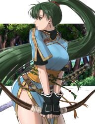 1girls black_gloves blue_dress blue_sky bow_(weapon) breasts bush delsaber dress earrings female female_only fingerless_gloves fire_emblem forest gloves green_eyes green_hair high_ponytail highres holding holding_bow_(weapon) holding_weapon jewelry large_breasts long_hair lyn_(fire_emblem) nature nintendo outdoors pelvic_curtain ponytail rope_belt sheath sheathed side_slit sky solo sword thick_thighs thighs tree turning_head very_long_hair weapon