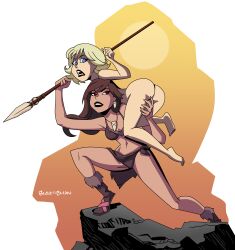 2girls artist_name bare_shoulders barefoot black_lips blonde_hair blue_eyes bone_accessory brown_hair cave_girl female female_only glee-chan jungle_girl long_hair nude_female original original_characters primitive red_eyes revealing_clothes savage short_hair spear sun sunset