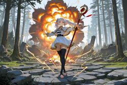 1girls ai_generated bakedcookie barefoot elf explosion female female_only forest frieren frieren_beyond_journey's_end highres lightning no_panties outstretched_arms pussy pussy_peek staff standing stirrup_legwear thighhighs toeless_legwear twintails uncensored upskirt white_hair