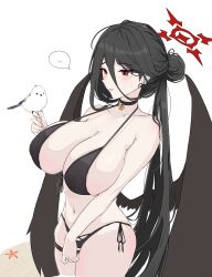 absurdres arin6006 bikini bird black_bikini black_choker black_hair black_wings blue_archive breasts choker feathered_wings female front-tie_bikini_top front-tie_top hair_between_eyes halo hasumi_(blue_archive) hasumi_(swimsuit)_(blue_archive) highleg highleg_bikini highres huge_breasts long-tailed_tit long_hair_between_eyes loosely_tucked_bangs low_wings mole mole_under_eye navel official_alternate_costume official_alternate_hairstyle oversized_wings red_halo solo spoken_blush swimsuit tit_(bird) wings