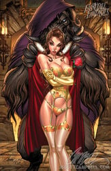 1girls beast_(disney) beauty_and_the_beast belle brown_eyes brown_hair cloak crossed_arms disney disney_prince disney_princess fairy_tale fairy_tale_fantasies fairy_tales fantasy female floral_paint garter_straps human j_scott_campbell lingerie lipstick looking_at_viewer male nei_ruffino panties red_lipstick rose stockings straight