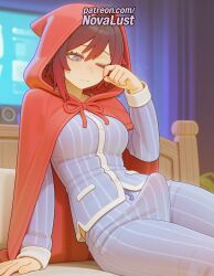 1futa 2025 ai_generated animal_hood artist_name blush breasts bust chest cloak curtains futanari hi_res high_quality high_resolution highres hood hood_up hooded_cloak intersex novalust patreon patreon_username ruby_rose rwby short_hair sitting solo stable_diffusion striped watermark