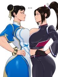 ... 2girls akiman_pose belly-to-belly black_gloves blue_leggings blue_legwear breast_press breast_to_breast breasts capcom catfight chinese_clothes chun-li chun-li_(street_fighter_6) commentary cropped_jacket double_bun english_commentary eye_contact fatal_fury fatal_fury:_city_of_the_wolves female female/female female_only gloves hair_bun hair_ribbon highres huge_breasts king_of_fighters leggings looking_at_another mai_shiranui mai_shiranui_(city_of_the_wolves) midriff multiple_females multiple_girls official_alternate_costume ponytail ribbon rivalry skullworms street_fighter street_fighter_6 symmetrical_docking upper_body