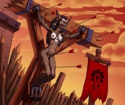 anthro areola arrow_(weapon) blizzard_entertainment blood bodily_fluids bondage bound breasts canid canine canis conquistabear crucifixion crying digital_media_(artwork) execution feet female fingers fur genitals gore hair hairy_vulva imminent_death impaled_feet impalement mammal mythological_canine mythological_creature mythology navel nipples nude open_mouth outdoor_nudity outside pain pussy ranged_weapon snuff solo tears teeth toes tongue tongue_out torture vulva warcraft weapon werecanid werecanine werecreature werewolf wolf worgen