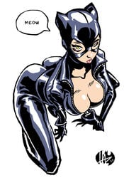 1girls 2011 batman_(series) breasts busty catsuit catwoman cleavage dc_comics eyeliner female female_only hugohugo lipstick makeup meow selina_kyle solo straight_hair superhero unzipping voluptuous zipper_pull_tab