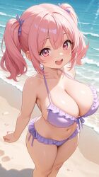 1girls ai_generated bangs beach big_breasts bikini bikini_bottom bikini_top blush breasts clothed commentary_request curvaceous curvy curvy_female curvy_figure cute female female_focus frilled_bikini frills front-tie_bikini girly hair_between_eyes hair_ornament happy happy_female hips large_breasts lia_the_busty_redhead light-skinned_female light_skin looking_at_viewer navel ocean original original_character outdoors outside pink_eyes pink_hair purple_bikini sand self_upload shortstack standing standing_female tagme thick_thighs thighs twintails voluptuous water wide_hips