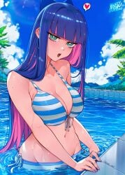 1girls armpits bare_shoulders bikini blue_eyes blue_hair blunt_bangs bow breasts cesar_art456 cleavage colored_inner_hair female female_only hairbow highres hip_bones large_breasts long_hair looking_at_viewer multicolored_hair navel open_mouth panty_&_stocking_with_garterbelt pink_hair pool purple_hair purple_nails solo stocking_(psg) stocking_anarchy stomach striped_clothes swimming swimsuit teeth tree two-tone_hair upper_teeth_only water