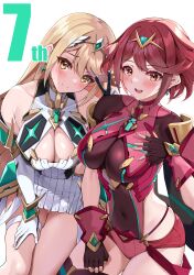 2girls absurdres bare_shoulders black_gloves blonde_hair blush breasts chest_jewel cleavage closed_mouth commentary_request core_crystal_(xenoblade) covered_collarbone covered_navel dress female female_only fingerless_gloves gloves highres impossible_clothes large_breasts long_hair looking_at_viewer matrix16 micro_shorts microdress multiple_females multiple_girls mythra mythra_(xenoblade) open_mouth pyra pyra_(xenoblade) red_eyes red_hair red_shorts see-through_cleavage see-through_clothes short_hair shorts simple_background skindentation smile thigh_strap tiara two-tone_gloves white_background white_dress white_gloves xenoblade_chronicles_(series) xenoblade_chronicles_2 yellow_eyes