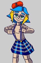 ambiguous_gender bedroom_eyes beret blue_eyes blue_hair flat_chest glasses goiaba indie_virtual_youtuber looking_at_viewer nipples polyalphanet polygonal sketch skirt suspenders topless virtual_youtuber