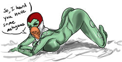 alien ass ass_up big_breasts bimbo breasts completely_nude dc earth_16 female female_focus female_only green_skin horny horny_female laying_on_breasts laying_on_stomach looking_at_viewer nude reach_scientist scientist solo speaking speaking_to_viewer speech_bubble tagme tagme_(artist) talking talking_to_viewer text yellow_eyes young_justice young_justice_(cartoon)