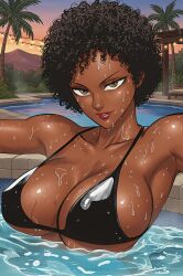 1girls african_female afro ai_generated big_breasts bikini black_bikini black_hair black_woman breasts brown_eyes cleavage dark-skinned_female dark_skin female female_only huge_breasts jacuzzi lipstick looking_at_viewer original original_character outdoors outside red_lipstick solo solo_female thick_lips wet_skin