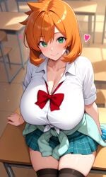 aged_up ai_generated alternative_age alternative_bust_size bangs black_legwear black_thighhighs blush bow bowtie breasts cardigan chair classroom clavicle cleavage closed_mouth clothes_around_waist clothing collared_shirt desk female female_only green_eyes huge_breasts indoors kasumi_(pokemon) kogal large_breasts legwear looking_at_viewer loose_bowtie medium_hair miniskirt misty_(pokemon_hgss) neckwear on_desk orange_hair plaid plaid_skirt pleated_skirt pokemon pokemon_character red_bow red_bowtie red_neckwear school_desk school_uniform scrunchie shirt short_hair short_sleeves sitting sitting_on_desk skirt smile solo sweater sweater_around_waist thighhighs thighs tied_shirt uniform white_shirt wrist_scrunchie zettai_ryouiki