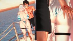 1girls 2girls 3d anastasia_(fate) ass_grab ass_spank bikini breasts cheating_wife cum cum_in_pussy fate/grand_order fate_(series) female fujimaru_ritsuka_(male) gustavo40 huge_breasts kadoc_zemlupus koikatsu large_penis male muscular muscular_male no_sound penis pussy striped_bikini tagme video white_hair