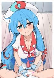 1boy 1girls amehare_hau blue_eye blue_gloves blue_hair blush breasts clothed_female_nude_male clothing condom eyebrows_visible_through_hair female finger_in_ass gloved_handjob gloves handjob hat heterochromia hospital_room huge_breasts indoors light-skinned_female light-skinned_male light_skin male male_pov nurse nurse_cap nurse_uniform penis pink_condom pov prostate_stimulation red_eye room small_penis small_penis_adoration stethoscope uniform vas7l7f6_(runikari06) voicevox wearing_condom
