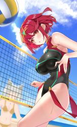 bare_shoulders beach black_one-piece_swimsuit blush breasts chest_jewel core_crystal_(xenoblade) earrings female female_only highres jewelry large_breasts looking_at_viewer matrix16 midair nia_(xenoblade) ocean one-piece_swimsuit pyra pyra_(pro_swimmer)_(xenoblade) pyra_(xenoblade) red_eyes red_hair red_one-piece_swimsuit sand short_hair solo_focus swimsuit tiara xenoblade_chronicles_(series) xenoblade_chronicles_2