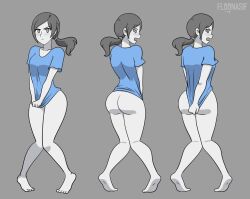 1girls artist_name back_view bare_legs barefoot blue_shirt blushing bottomless covering_ass covering_crotch covering_pussy covering_self embarrassed_nude_female enf feet female floonasif front_view grey_hair knees_together_feet_apart long_hair multiple_views nintendo pale_skin ponytail pussy short_sleeves soles source_request tiptoes wii_fit wii_fit_trainer wii_fit_trainer_(female)
