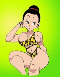 (zerocrow22) big_breasts black_hair breasts chichi colored_sketch dragon_ball dragon_ball_z female full_color funsexydragonball gilf green_background hair_bun huge_breasts leopard_print milf no_eyewear swimsuit thick_thighs wide_hips
