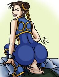 1boy 1boy1girl 1girls big_ass blue_suit brown_eyes brown_hair capcom chun-li curvy curvy_female curvy_figure curvy_hips dat_ass dominant_female domination facesitting female female_on_top hair_bun hips human male omarsin shiny smiling straight street_fighter thick_ass thick_legs thick_thighs thighs wide_hips