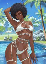 1girls african_female afro ai_generated arm_up bikini black_hair brown_eyes dark-skinned_female dark_skin female female_only hand_on_head original original_character outdoors outside pool poolside solo solo_female swimsuit thick_lips white_bikini