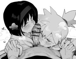1boy 2girls asymmetrical_hair bangs black_hair blush bodily_fluids censor_bar censored clothing collaborative_fellatio cooperative_fellatio double_fellatio erection erika_(pokemon) fellatio female ffm_threesome greyscale group group_sex hair_ornament hairband headband headwear heart heavy_breathing high_resolution highres holding_hands interlocked_fingers kasumi_(pokemon) licking licking_penis looking_at_viewer male male_pov male_pubic_hair monochrome multiple_fellatio multiple_females multiple_girls nintendo nude open_mouth oral penis penis_licking penis_on_face pokemon pokemon_character pokemon_frlg ponytail pov pov_crotch pubic_hair pubic_hair_on_face reinoenu_(anon) saliva sex short_hair side_ponytail smegma smegma_on_tongue steam steaming_body straight stray_pubic_hair sweat teamwork teamwork_(sexual) threesome tied_hair tongue tongue_out trio very_high_resolution
