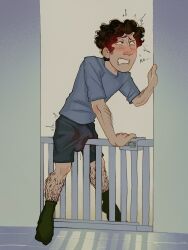 baby_gate baggy_pants balls balls_bulge big_balls biting_own_lip bradley_(mr_shrink) brown_hair clenched_teeth cross_eyed crush crushing crushing_balls digital_drawing_(artwork) digital_media_(artwork) dumb dumb_male english english_dialogue english_text eyes_crossed gate green_eyes hairy hairy_legs hairy_male intellectual_disability leaning_against_wall learning_disability lock loose_shorts male male_focus male_only mental_disability mr_shrink no_visible_genitalia nuts original original_character pain painful pale_skin penis penis_in_shorts shirt short_hair short_male shorts socks solo solo_focus solo_male ugly_man uncomfortable