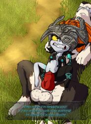 1boy 1girls absurd_res animal_genitalia animal_penis anthro balls big_balls breasts brown_body brown_fur canid canine canine_genitalia canine_penis canis duo english_text erection fangs female feral field fur genitals grass hair hi_res humanoid humanoid_genitalia humanoid_on_feral humanoid_vulva imp knot knotted_penis large_insertion link male male/female mammal markings meyk midna multicolored_body multicolored_fur nintendo nude orange_hair pained_expression penetration penis plant public pussy red_eyes sex short_stack stomach_bulge surprised tan_body tan_fur teasing teeth text text_box the_legend_of_zelda twilight_princess vaginal_penetration vulva wolf wolf_link yellow_sclera zoophilia