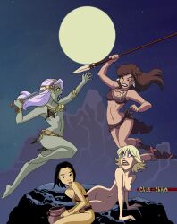 4girls artist_name bare_shoulders barefoot black_hair black_lips blonde_hair blue_eyes bone_accessory brown_hair cave_girl dagger female female_only glee-chan grey_skin jar jungle_girl long_hair moon mountain_background night_sky nude_female original original_characters primitive purple_hair red_eyes savage sharp_teeth short_hair spear