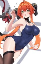 1girls ahoge alternate_costume bare_shoulders blush breasts brown_thighhighs covered_navel dragon_girl dragon_horns female female_only flying_sweatdrops green_eyes highres horns large_breasts long_hair looking_at_viewer matrix16 mechanical_horns mechanical_tail one-piece_swimsuit open_mouth orange_hair orphie_magnusson pointy_ears school_swimsuit stomach swimsuit tail thighhighs twintails zenless_zone_zero