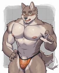 2025 5_fingers abs absurd_res anthro areola beard biped black_clothing black_nose black_underwear blush blush_lines border brown_beard brown_facial_hair bulge canid canine canis cheek_tuft claws clothed clothed_anthro clothed_male clothing digital_media_(artwork) eyebrows facial_hair facial_tuft fangs finger_claws fingers fur genitals gesture glans glistening glistening_body glistening_eyes hand_gesture hand_on_hip hi_res humanoid_genitalia humanoid_penis legs_together looking_at_viewer male male_anthro mammal monotone_body monotone_fur monotone_tail multicolored_clothing multicolored_underwear muscular muscular_anthro muscular_male navel nipples norakemo777 open_mouth orange_body orange_clothing orange_fur orange_tail orange_underwear pecs penis pink_areola pink_nipples pointing pointing_at_viewer solo tail tail_motion tailwag teeth tongue tongue_showing translucent translucent_clothing translucent_underwear tuft underwear underwear_only vein veiny_penis white_border wolf yellow_eyes