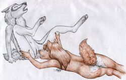 2013 anthro anus brown_fur canine clitoris closed_eyes cunnilingus female fur furry grey_fur legs_up licking on_side oral oral_sex pussy pussy_juice sex spread_legs spreading tongue vaginal_penetration windpaw wolf yuri