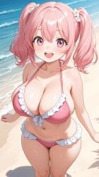 1girls ai_generated bangs beach big_breasts bikini bikini_bottom bikini_top blush breasts clothed commentary_request curvaceous curvy curvy_female curvy_figure cute female female_focus frilled_bikini frills front-tie_bikini girly hair_between_eyes hair_ornament happy happy_female hips large_breasts lia_the_busty_redhead light-skinned_female light_skin looking_at_viewer navel ocean original original_character outdoors outside pink_bikini pink_eyes pink_hair sand self_upload shortstack standing standing_female tagme thick_thighs thighs twintails voluptuous water wide_hips