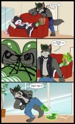 barefoot belt belt_buckle black_body black_fur black_hair black_tail closed_eyes comic comic_page comic_panel couch crisp_the_wolf cursed_clothing cursed_object discarded_clothing dyed_fur dyed_hair fingerless_gloves fingers forced goggles goggles_on_forehead green_eyes green_hair green_shoes grey_body grey_fur head_tuft infinitedelusion living_clothes living_room looking_down looking_pleased lying lying_on_back magic magic_clothing magic_shoes male male_only muscular muscular_anthro muscular_male open_clothes open_hoodie open_mouth open_topwear open_vest page_1 pillow plant prank red_trim ripped_clothing ripped_jeans ripped_pants shoe_fetish shoelaces shoes shoes_off sleeping sliding_door smiling smirk spiked_bracelet spiked_collar striped_legwear stripped_socks surprised surprised_expression tail tan_fur tap_shoes teeth_showing text text_bubble two-tone_body two-tone_fur two-tone_tail white_clothing white_fur white_gloves white_shorts white_tail window wolf