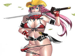 1futa bikini blue_eyes breasts censored cowboy_hat futa_only futanari intersex kagura_(oneechanbara) large_breasts leaf long_hair oneechanbara penis pink_hair ramda26 solo swimsuit sword testicles very_long_hair weapon