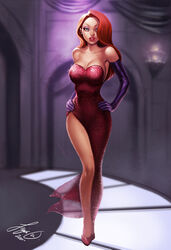 1girls breasts disney dress evening_gown eyeshadow female female_only hair_over_one_eye human jessica_rabbit kamillyonsiya large_breasts lipstick red_dress seductive sequin_dress solo voluptuous who_framed_roger_rabbit