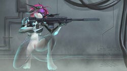 anthro bottomless cloaking crouching dossun female gun horn pussy ranged_weapon rifle sci-fi skimpy solo technology unknown_species weapon