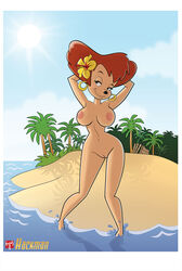 1girls areola areolae beach big_breasts breasts brown_hair cleavage color colored disney ear_piercing earrings erect_nipples female female_only goof_troop hackman large_breasts looking_at_viewer milf mother navel nipples nude parent peg_pete piercing pussy shaved_pussy smile solo vagina