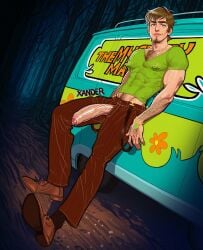 1boy arm_hair beard big_penis body_hair bracelet brown_hair brown_pants brown_shoes clothing erection facial_hair foreskin full_body genitals gigantic_penis green_shirt huge_cock human human_only large_penis light-skinned_male light_skin looking_at_viewer male male_only mammal mature mature_male night outdoors pants penis penis_out scooby-doo shaggy_rogers shirt shoes short_hair solo solo_focus solo_male thick_penis uncircumcised van vehicle xanderartz