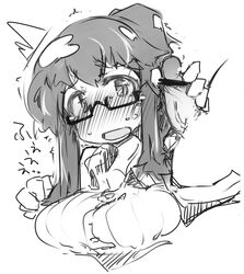 /\/\/\ female blush breasts censored full-face_blush glasses handjob large_breasts long_hair monochrome original penis ryokutya semi-rimless_glasses solo under-rim_glasses yonezawa_natsumi yuusha_to_maou