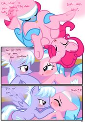 aloe_(mlp) cloud_chaser_(mlp) comic dialog earth_pony equine female female_only friendship_is_magic fur hi_res horse licking lotus_blossom multiple_females my_little_pony pegasus pinkie_pie_(mlp) pony pussy pyruvate sex straight_hair text tongue wings yuri